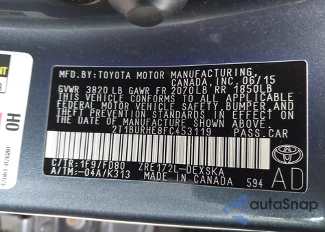 2015 Toyota Corolla S Plus из США, поврежденный, VIN 2T1BURHE8FC453119